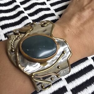 Vintage Cuff Bracelet Brutalist Modernist Copper Brass Hammered Silvertone Metal